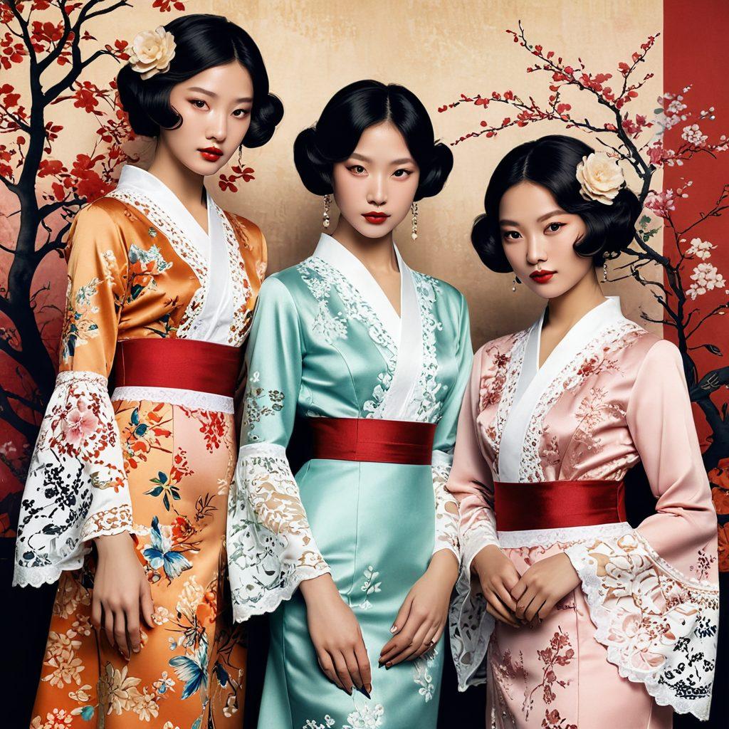 A captivating collage of classic ladies in elegant vintage attire, intertwined with sensual, artistic elements inspired by Hentai culture. Soft, flowing fabrics and delicate lace contrast with bold, vibrant colors representing the modern reinterpretation of sensuality. Background features subtle hints of traditional Japanese art, adding depth and cultural richness. Evoke a sense of nostalgia while celebrating empowerment and beauty. super-realistic. vibrant colors. elegant vintage style.