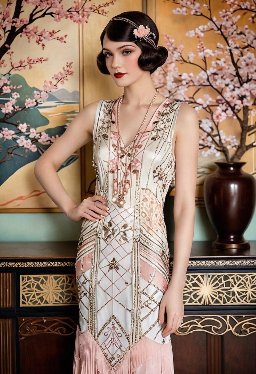An elegantly dressed vintage lady from the 1920s, surrounded by classic art deco patterns, immersed in a playful yet sophisticated atmosphere, featuring soft pastel colors and intricate details that reflect the charm of vintage adult entertainment. The background showcases subtle hints of Japanese aesthetics, hinting at a cultural fusion. painterly style. warm tones.