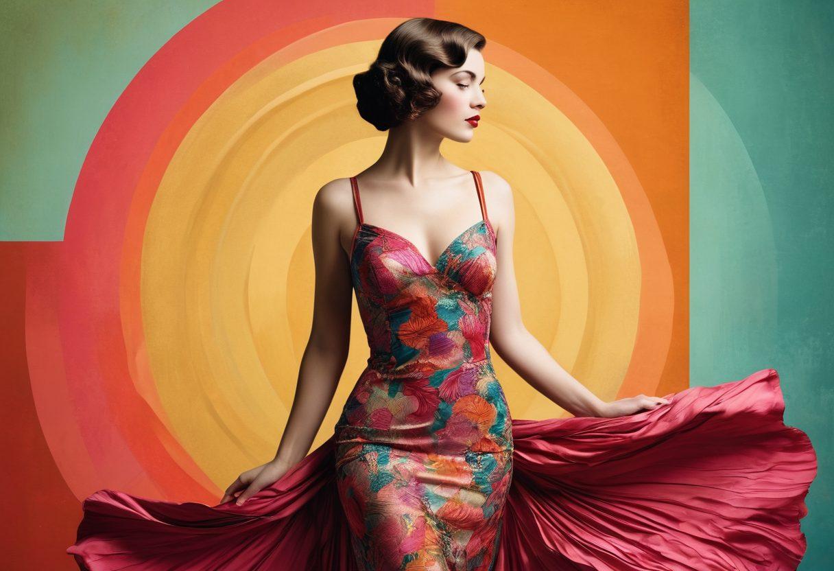 A captivating blend of vintage and modern art styles illustrating the evolution of feminine allure, showcasing a graceful woman in an elegant 1920s dress contrasted with a contemporary portrayal in colorful, dynamic attire. Include elements like soft waves and bold colors to symbolize the shift in perception over time, with a background merging retro and modern elements. Aesthetic representation of both sensuality and empowerment. vibrant colors. mixed media.